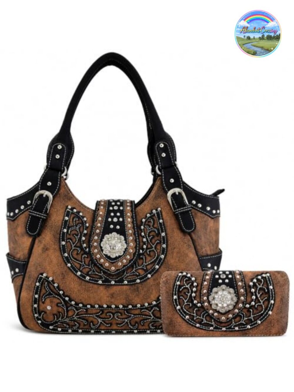 Distressed Brown Faux Leather Studded Western Handbag & Wallet Set Large
